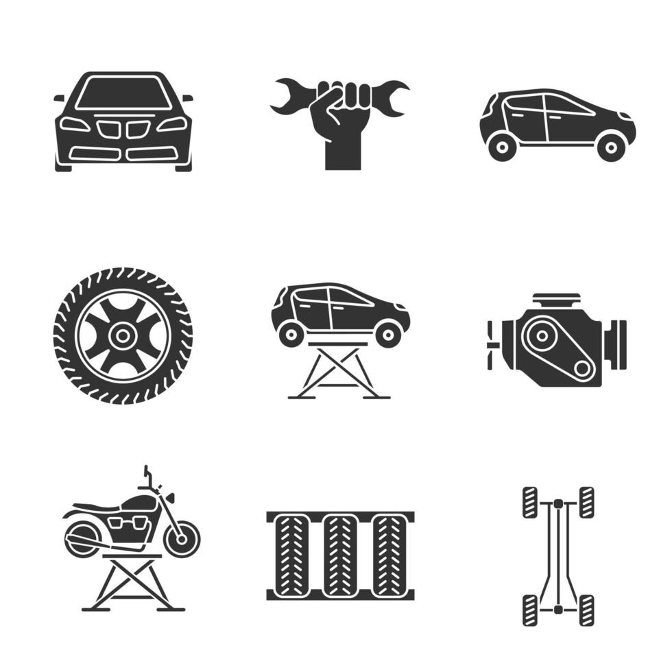 Auto workshop glyph icons set vector