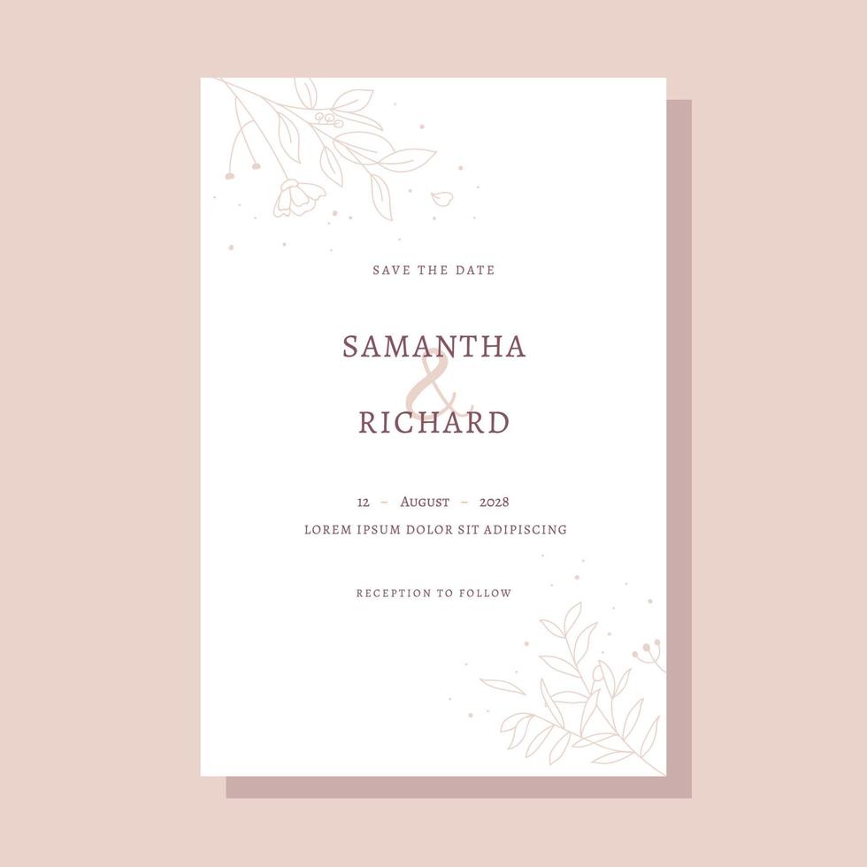 Minimalist wedding invitation with lovely hand drawn floral vector