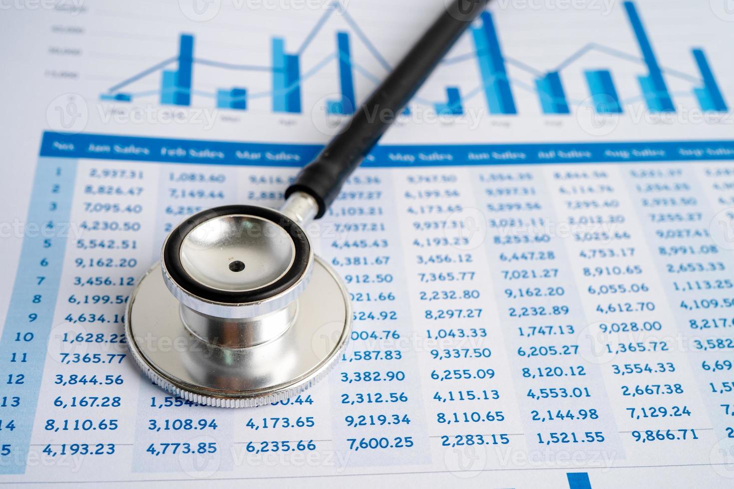 Stethoscope on spreadsheet paper, Finance, Account, Statistics, Investment, Analytic research data economy spreadsheet and Business company concept. photo