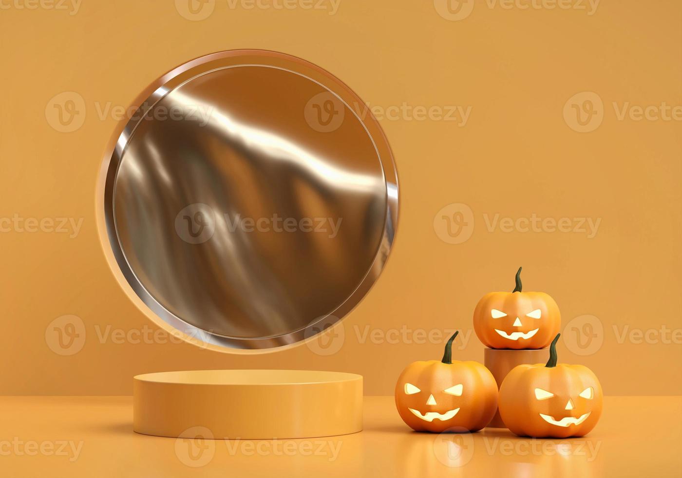 linterna de calabaza de halloween y podio de exhibición de productos representación 3d foto