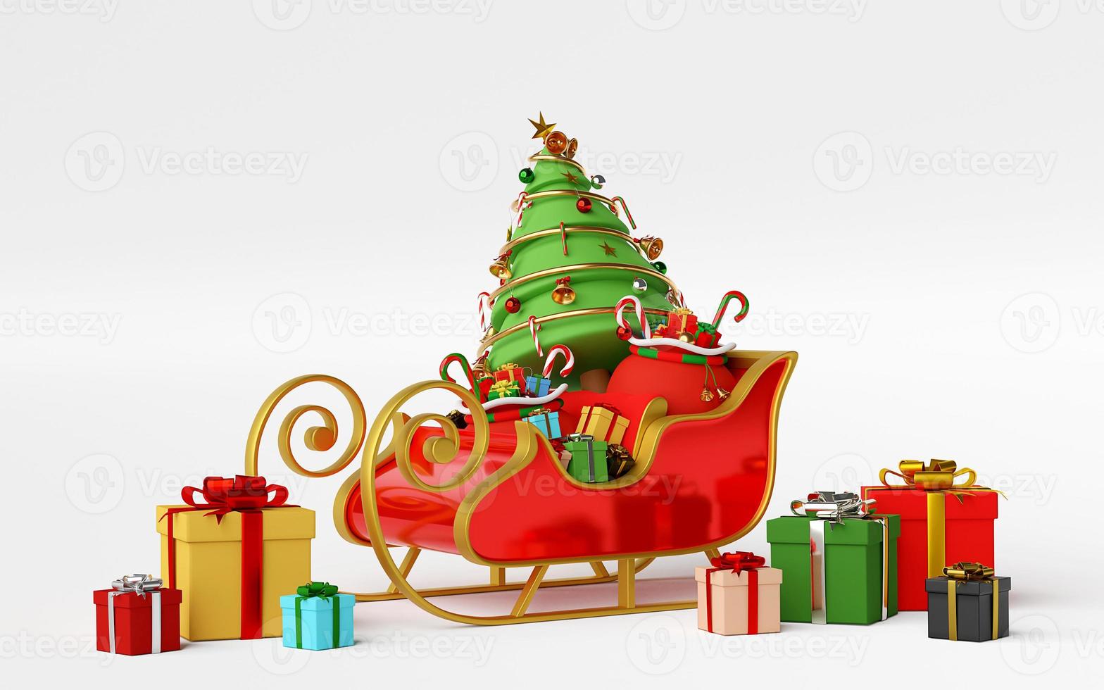 Scene of Sleigh full of Christmas gifts and Christmas tree, 3d rendering photo
