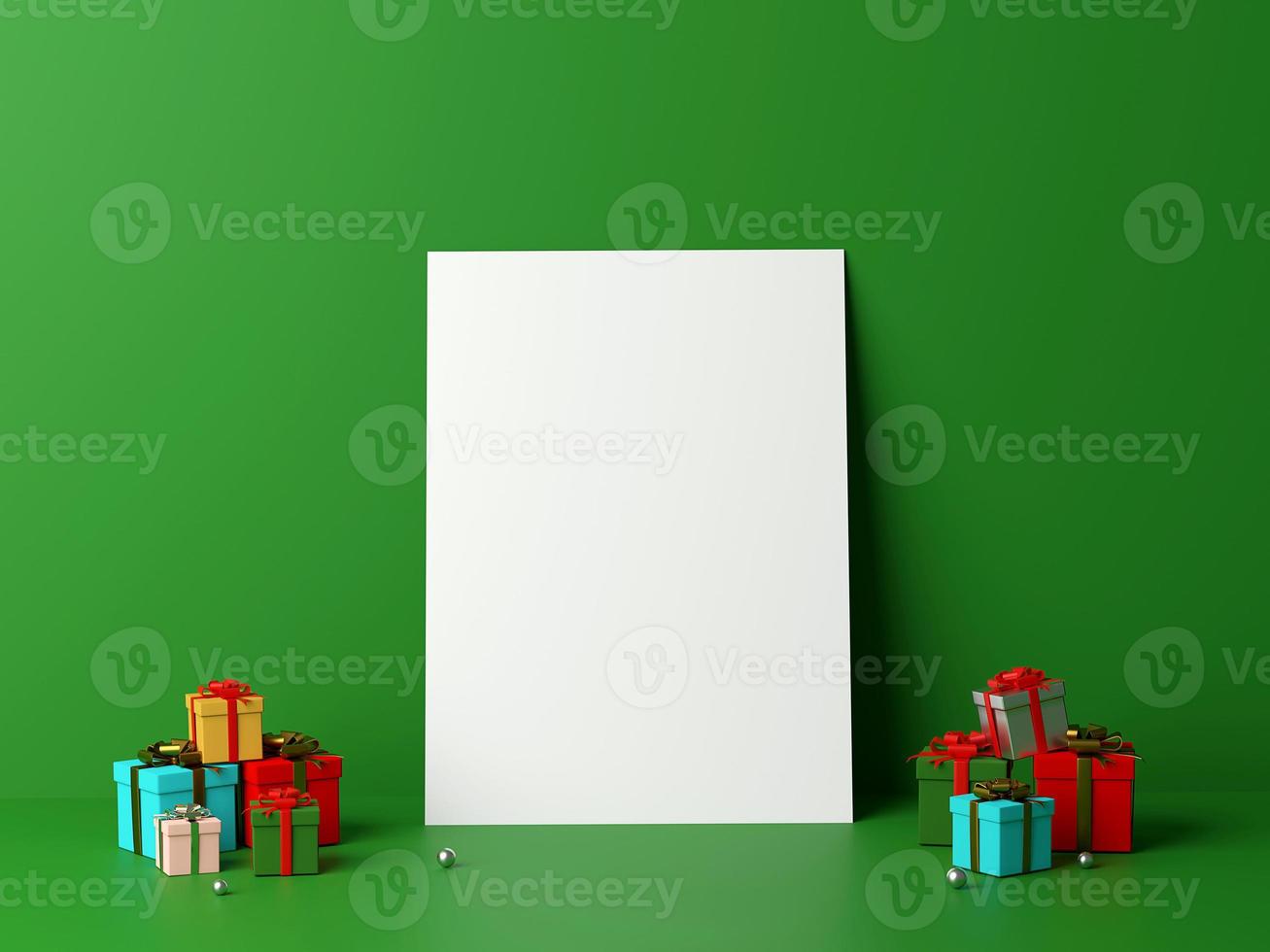 Escena de papel blanco en blanco apoyado en la pared y regalos, representación 3d foto