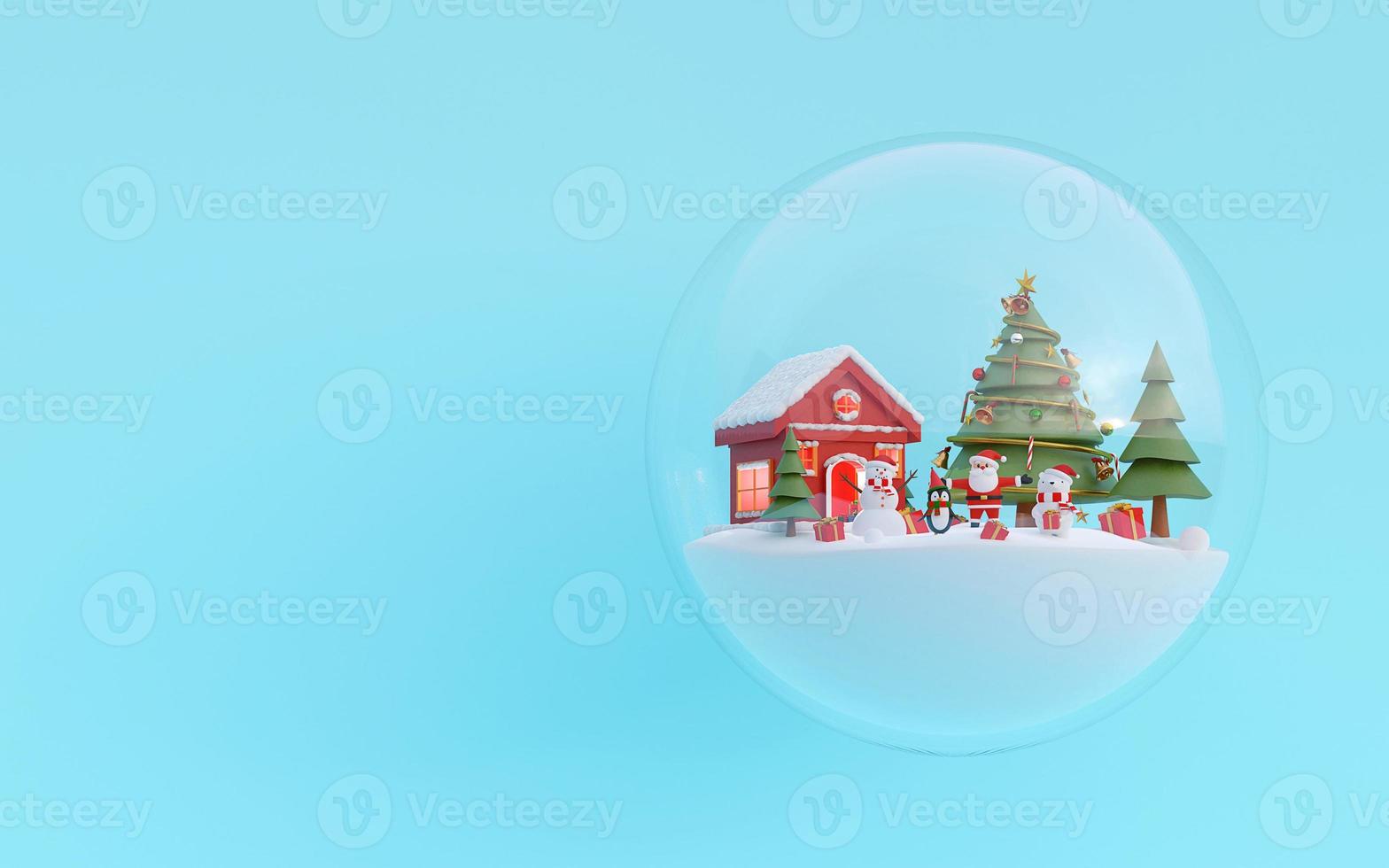 Merry Christmas and Happy New Year, Christmas party with Santa Claus and friend in a snow globe, 3d rendering photo
