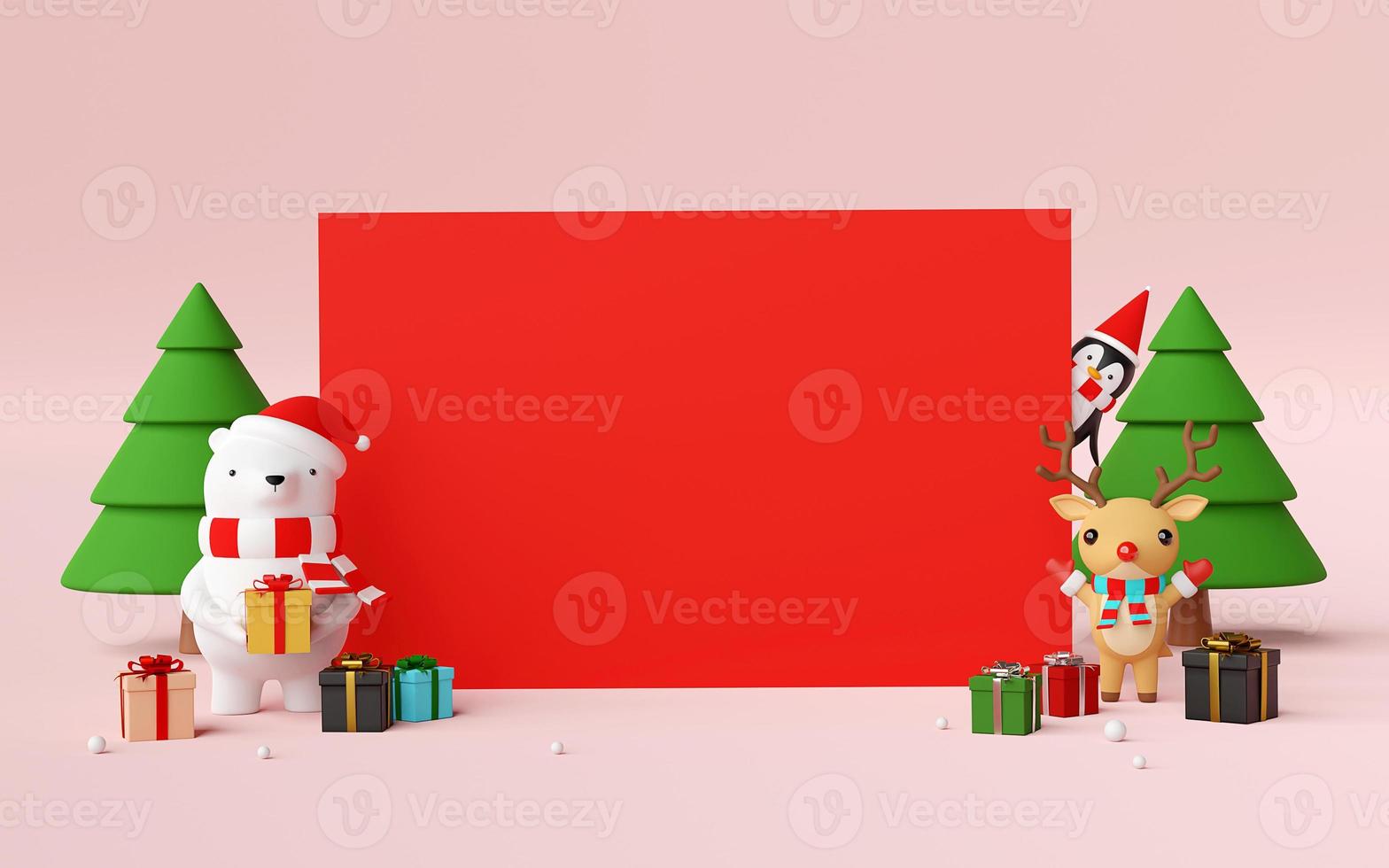 feliz navidad y próspero año nuevo, escena de espacio en blanco con un lindo personaje de navidad y regalos de navidad, representación 3d foto