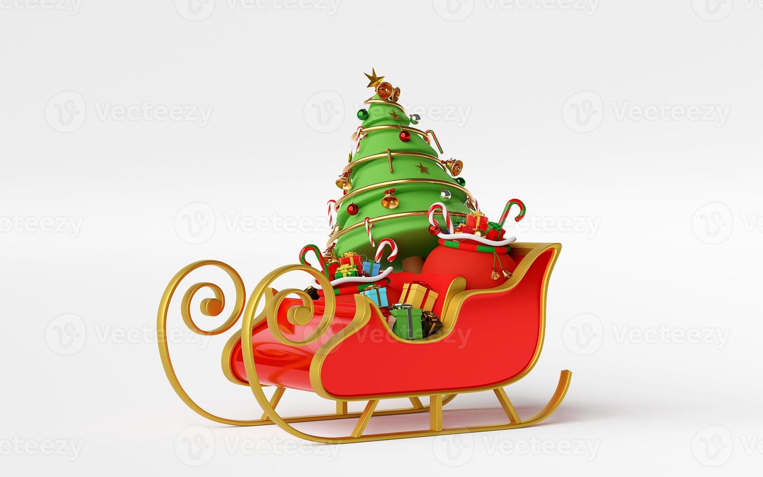 Scene of Sleigh full of Christmas gifts and Christmas tree, 3d rendering photo