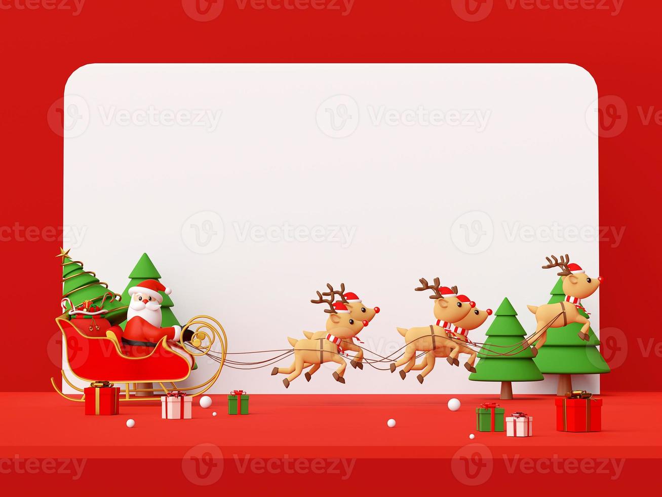 Merry Christmas and Happy New Year, Christmas red scene of Santa Claus on a sleigh full of Christmas gifts and pulled by reindeer, 3d rendering photo