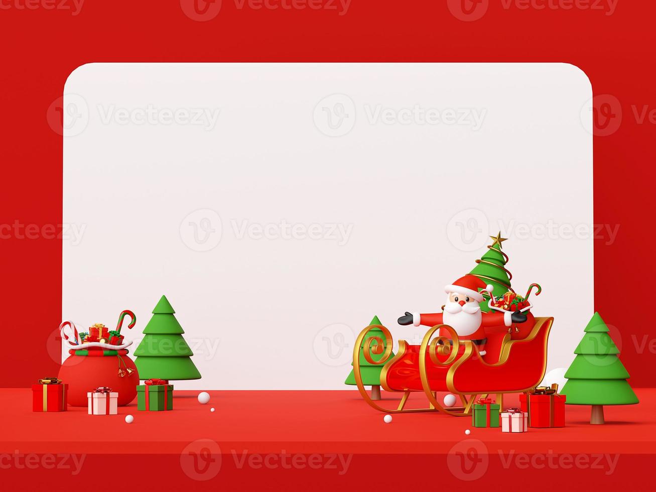 Merry Christmas and Happy New Year, Christmas red scene of Santa Claus on a Sleigh with Christmas gifts with copy space, 3d rendering photo