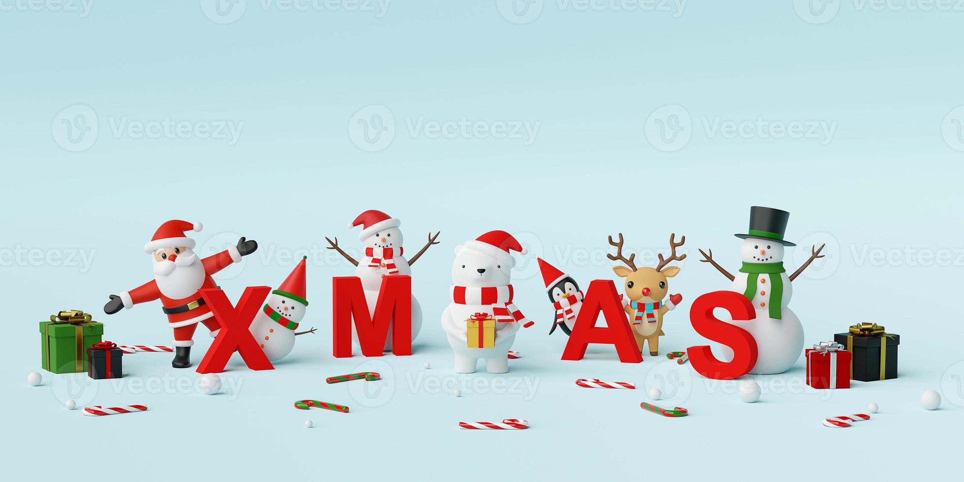 feliz navidad y próspero año nuevo, santa claus y personaje navideño con letras navidad, representación 3d foto