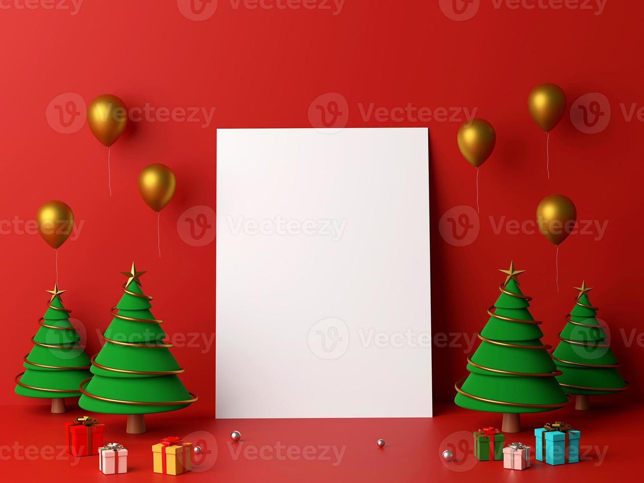 Escena de papel blanco en blanco apoyado en la pared con árbol de Navidad, representación 3D foto