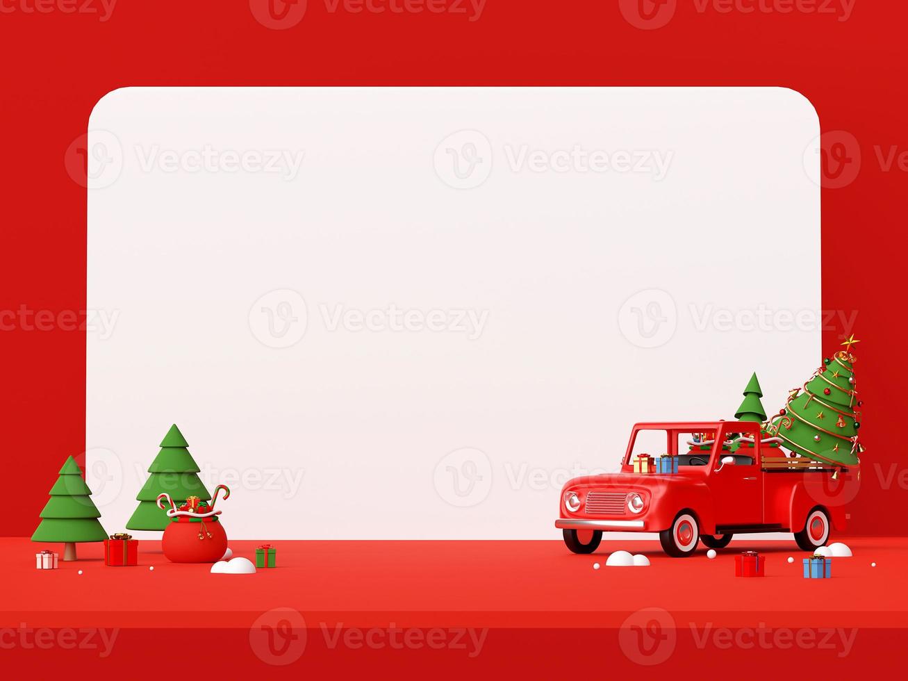 Merry Christmas and Happy New Year, Scene of Christmas truck full of Christmas gifts and Christmas tree behind the truck with copy space, 3d rendering photo