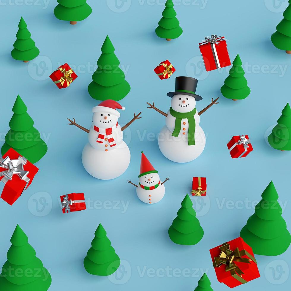 Merry Christmas and Happy New Year, Snowman in pine forest with Christmas gifts, 3d rendering photo