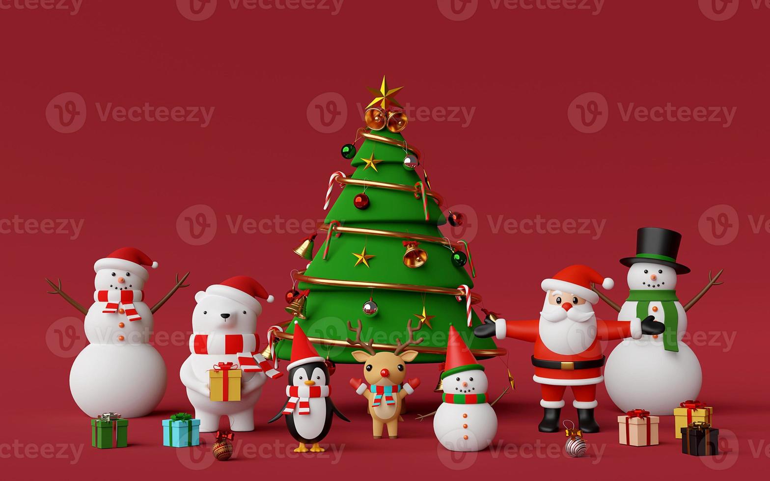 Merry Christmas and Happy New Year, Christmas tree with cute Christmas character on red background, 3d rendering photo