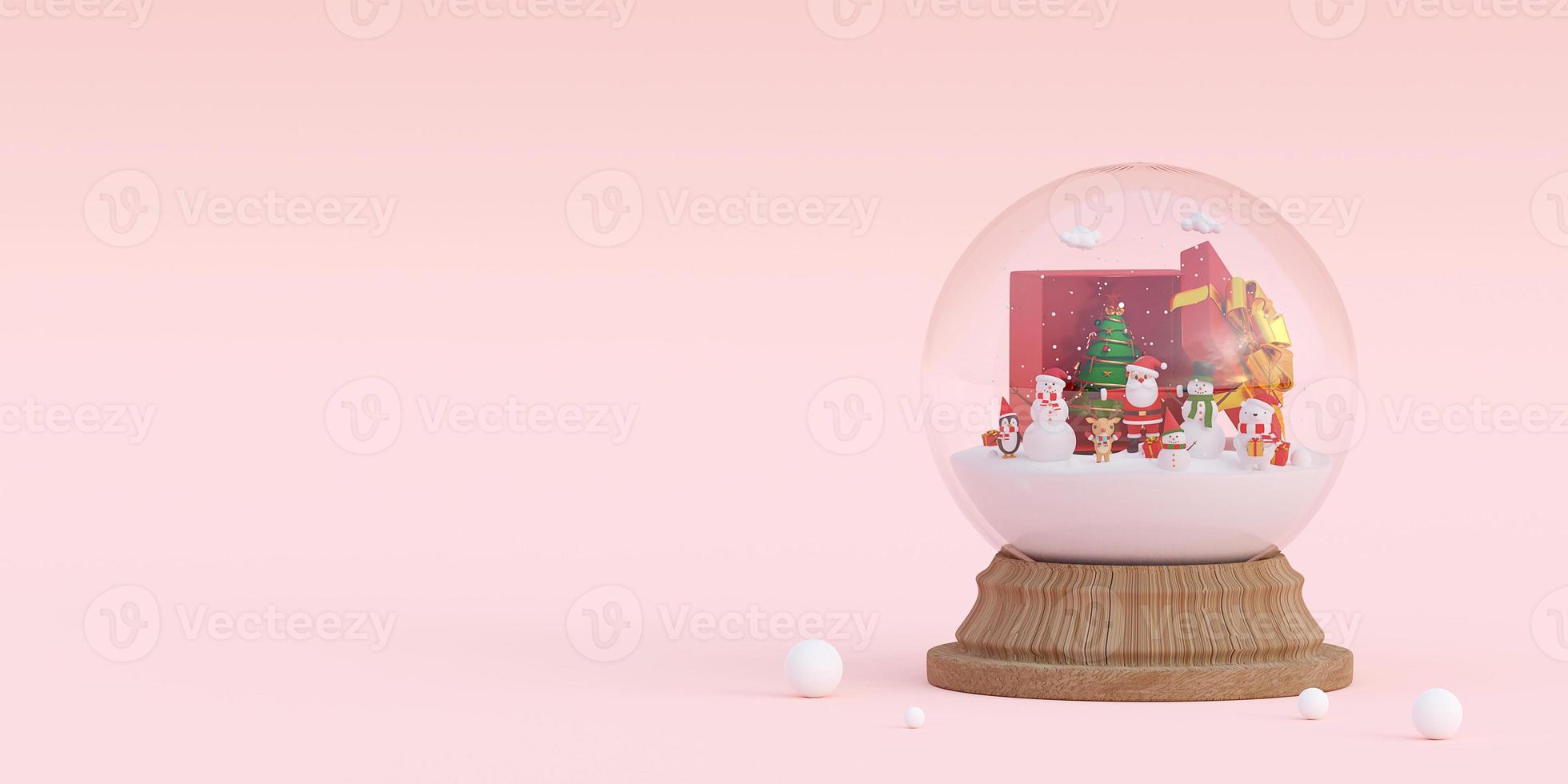 feliz navidad y próspero año nuevo, banner de celebración navideña con santa claus y amigos en un globo de nieve, representación 3d foto