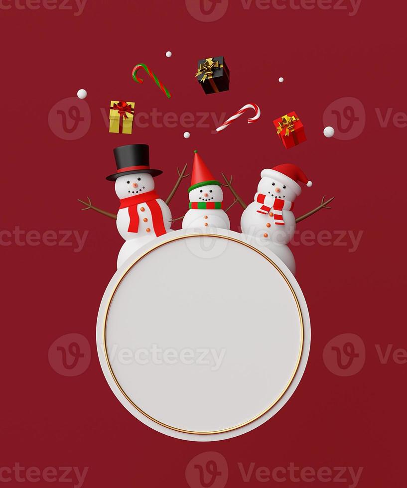 feliz navidad y próspero año nuevo, muñeco de nieve y regalos de navidad con espacio en blanco, representación 3d foto