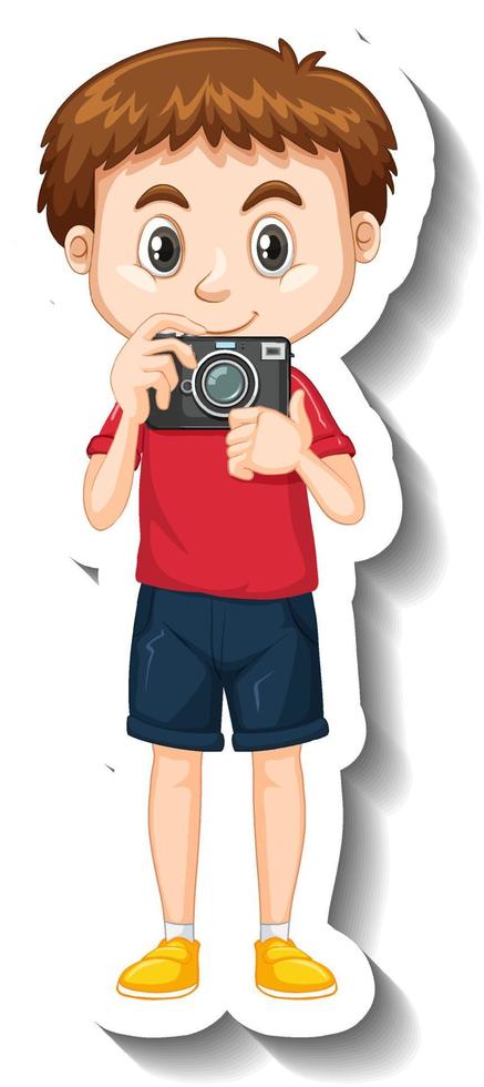 Boy holding camera cartoon character sticker vector