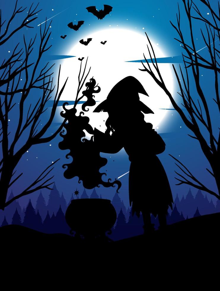 Halloween night background with witch silhouette vector