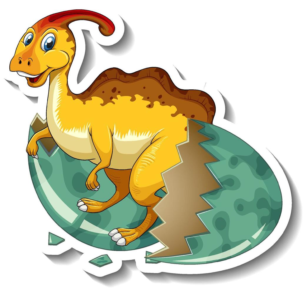 Parasaurolophus dinosaur hatching from an egg cartoon character sticker vector