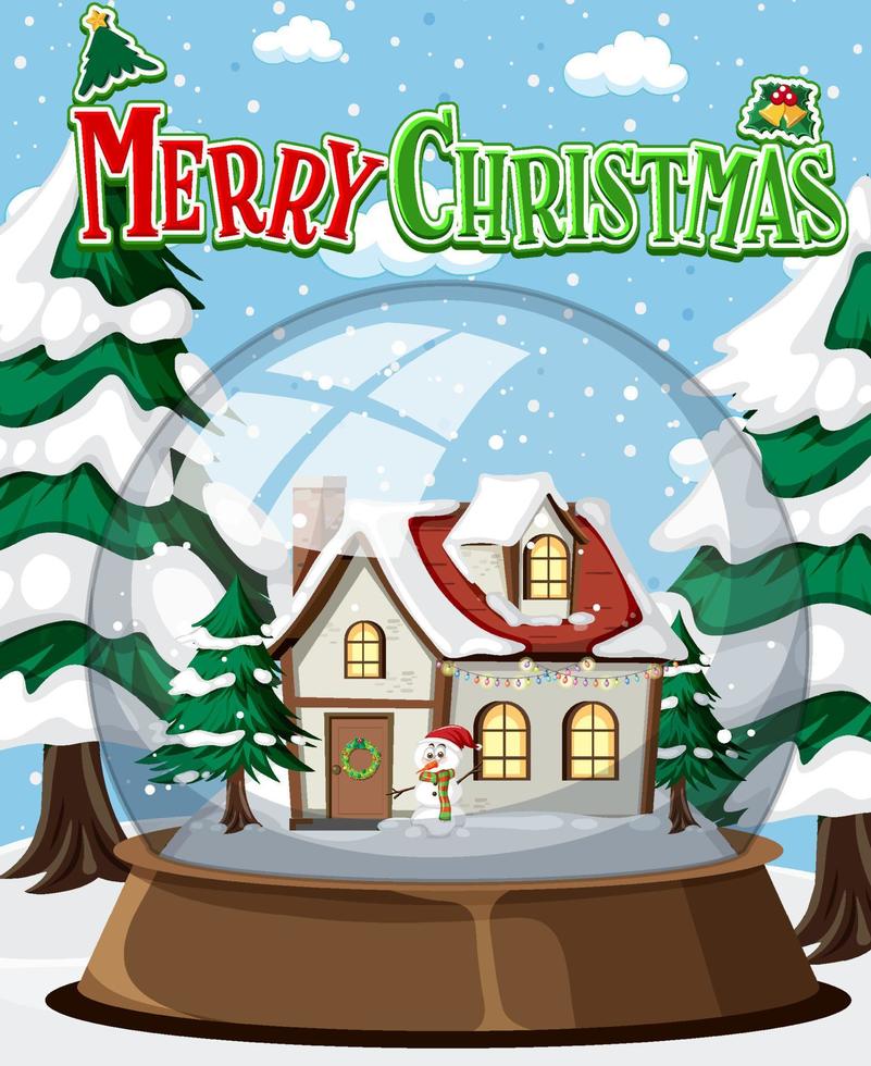 Merry Christmas poster with winter house in glass dome vector