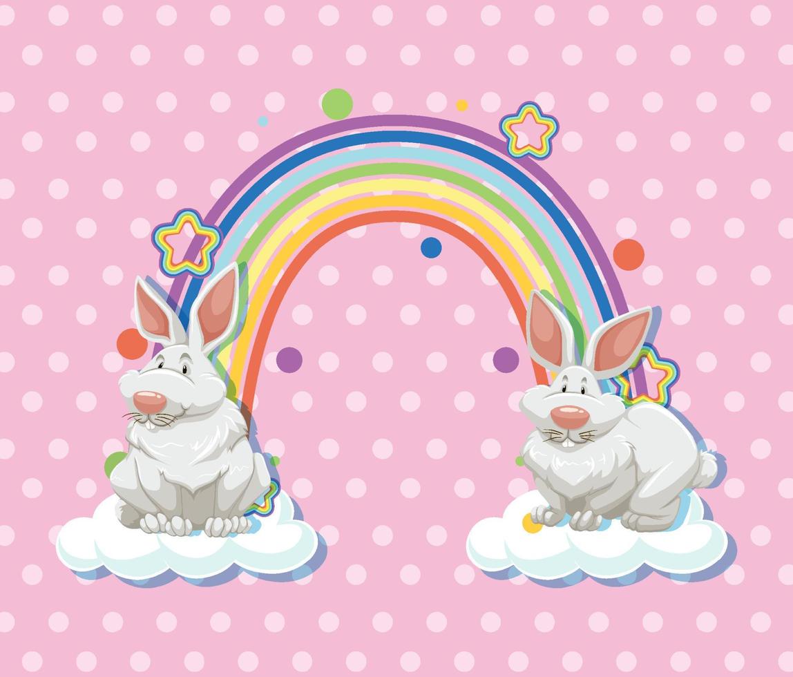 Dos conejos en la nube con arco iris sobre fondo rosa lunares vector