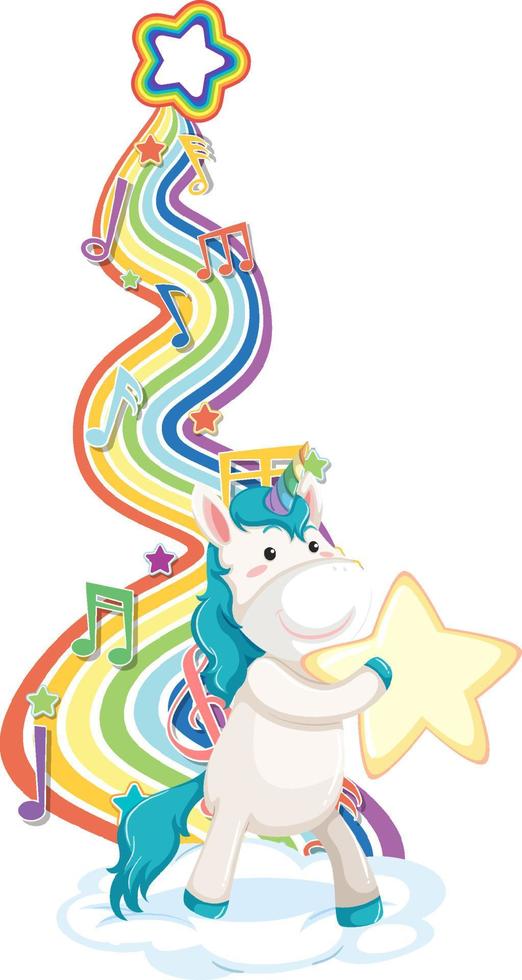 Unicorn holding star with rainbow on white background vector