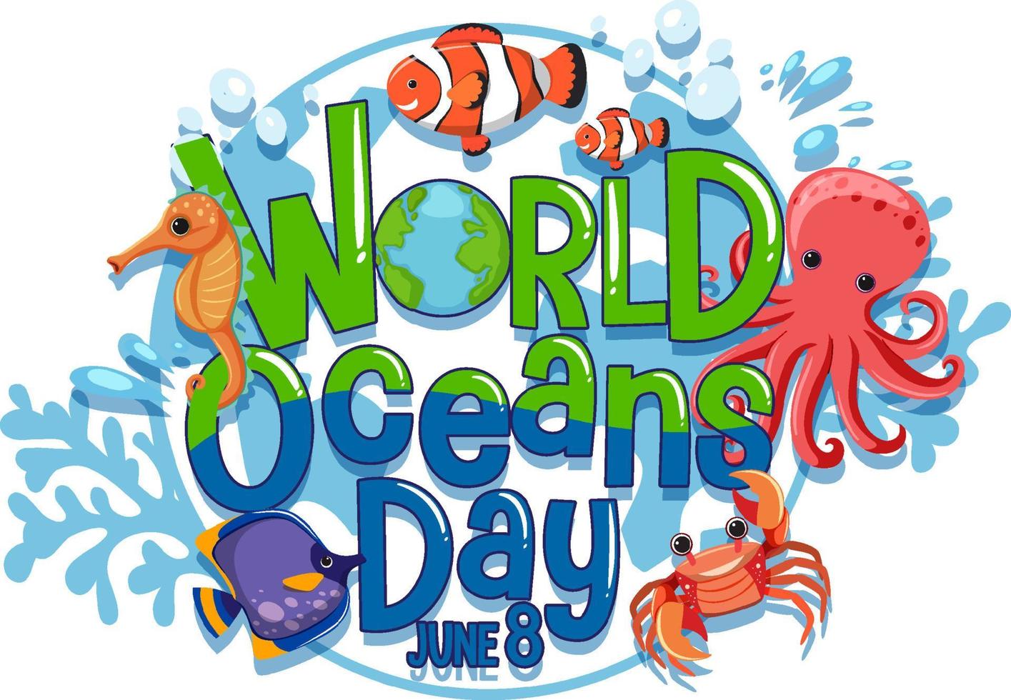 World Ocean Day banner with many different sea animals vector