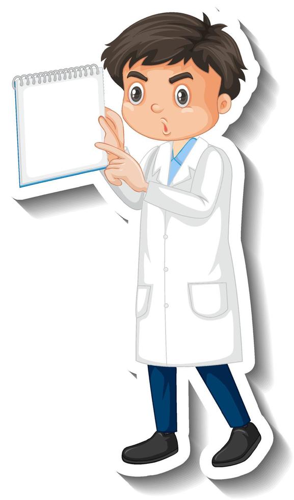 Scientist boy holding empty board cartoon character sticker vector