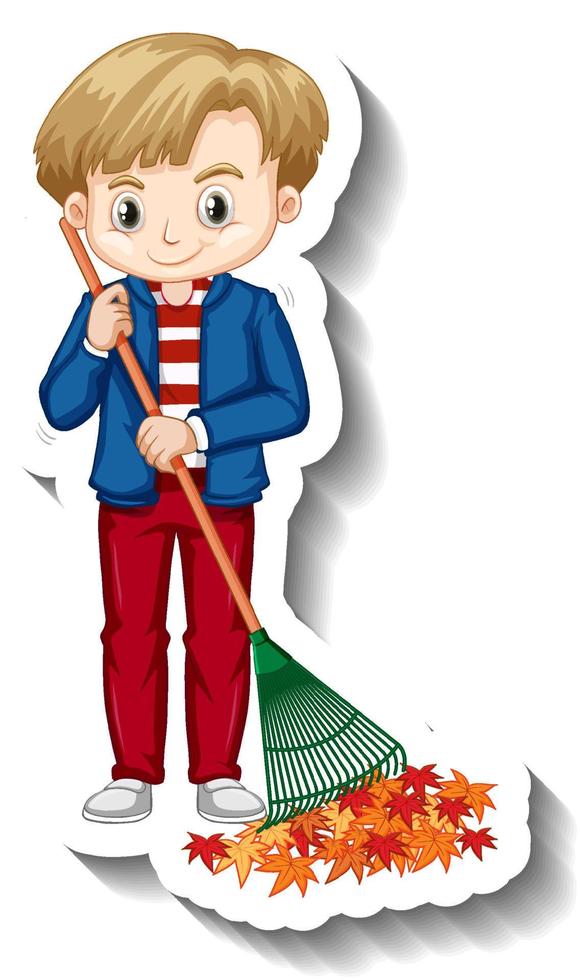 Boy raking leaves cartoon sticker on white background 3741951 Vector ...