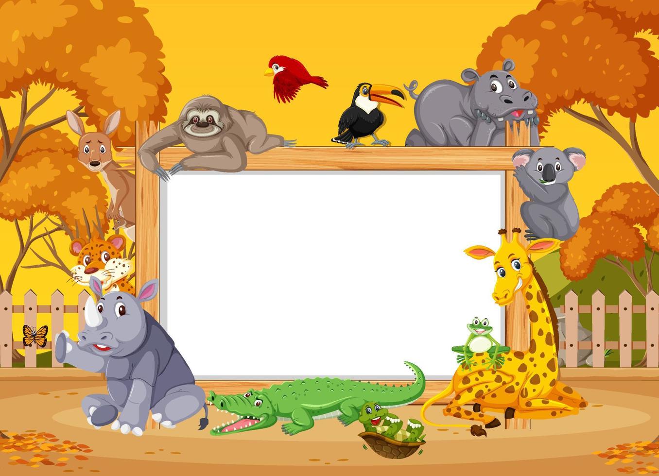 Empty wooden frame with various wild animals in the forest vector