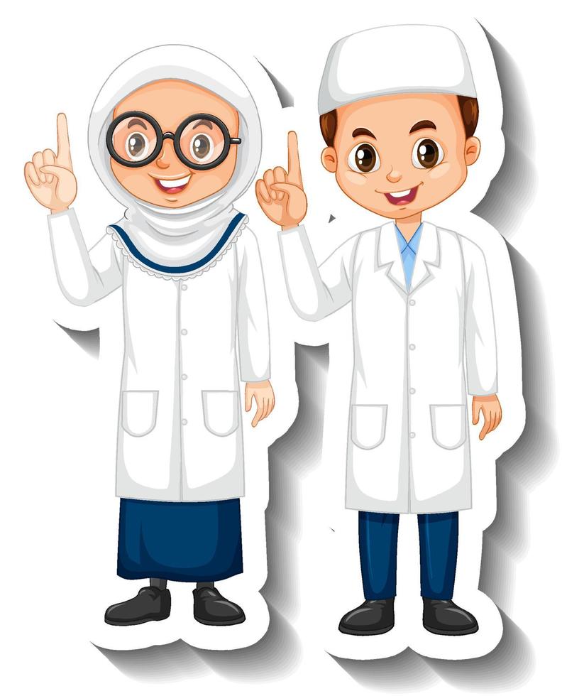 Scientist muslim couple kids cartoon character sticker vector