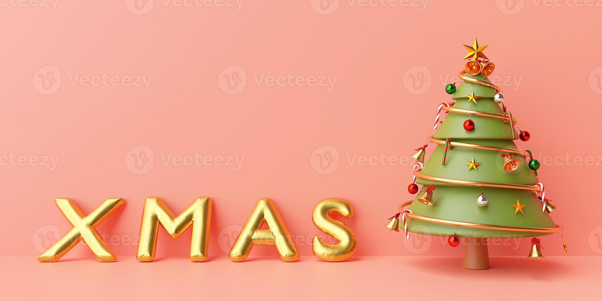 Christmas banner background, Christmas tree with golden XMAS balloon on a pink background, Merry Christmas and Happy New Year, 3d rendering photo