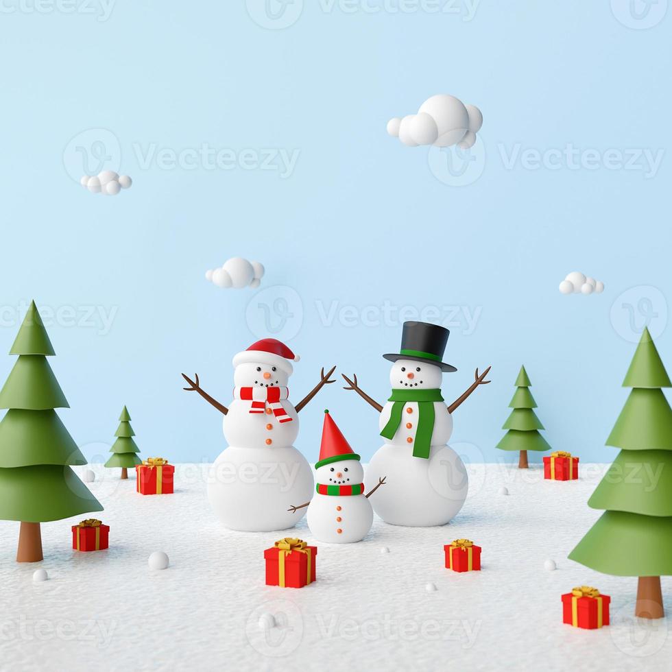 Feliz Navidad, muñeco de nieve en un bosque de pinos con regalos de Navidad, representación 3D foto