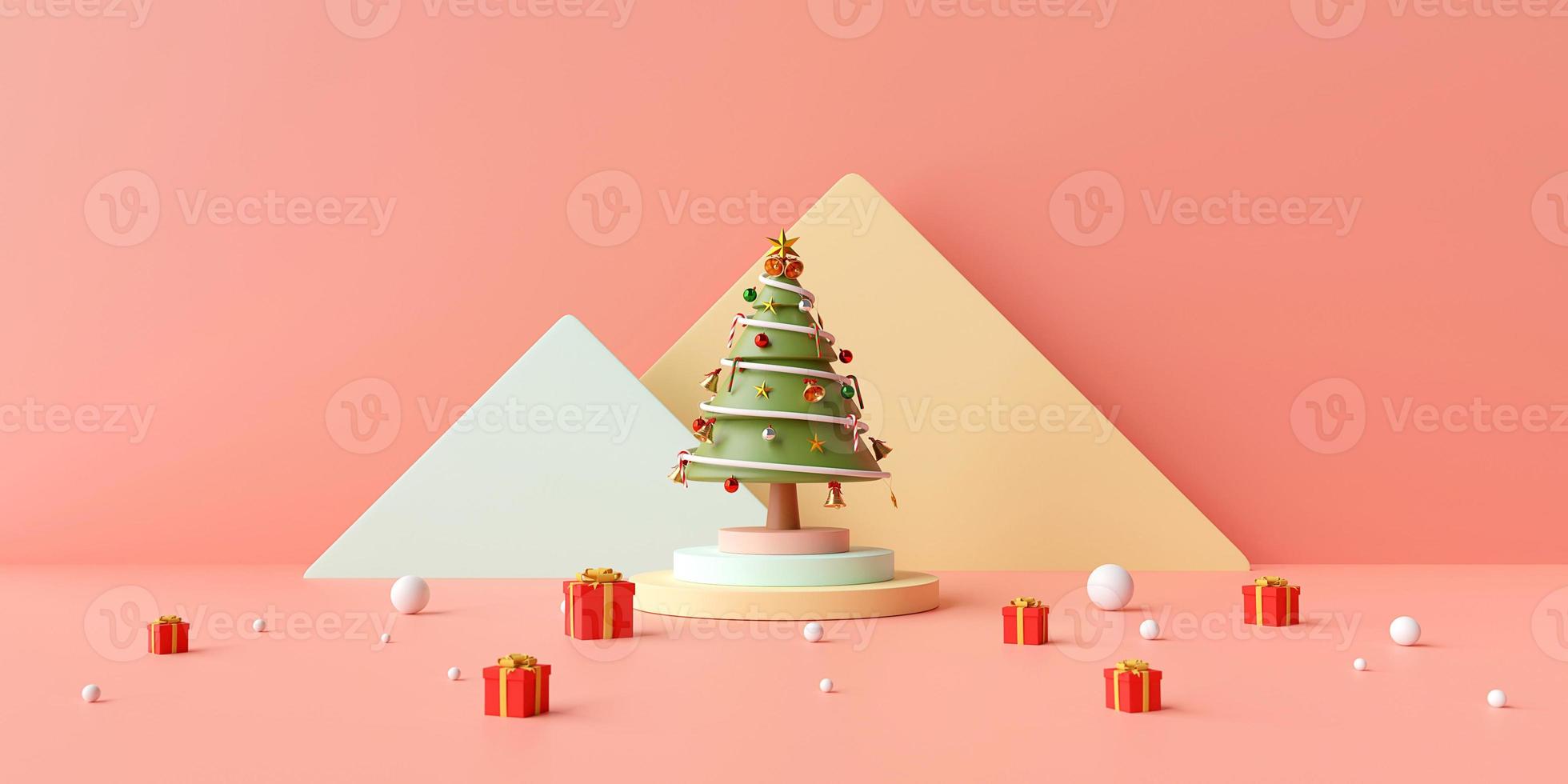 Merry Christmas and Happy New Year, Christmas banner of  Christmas tree on podium with Gifts box on a pink background, 3d rendering photo