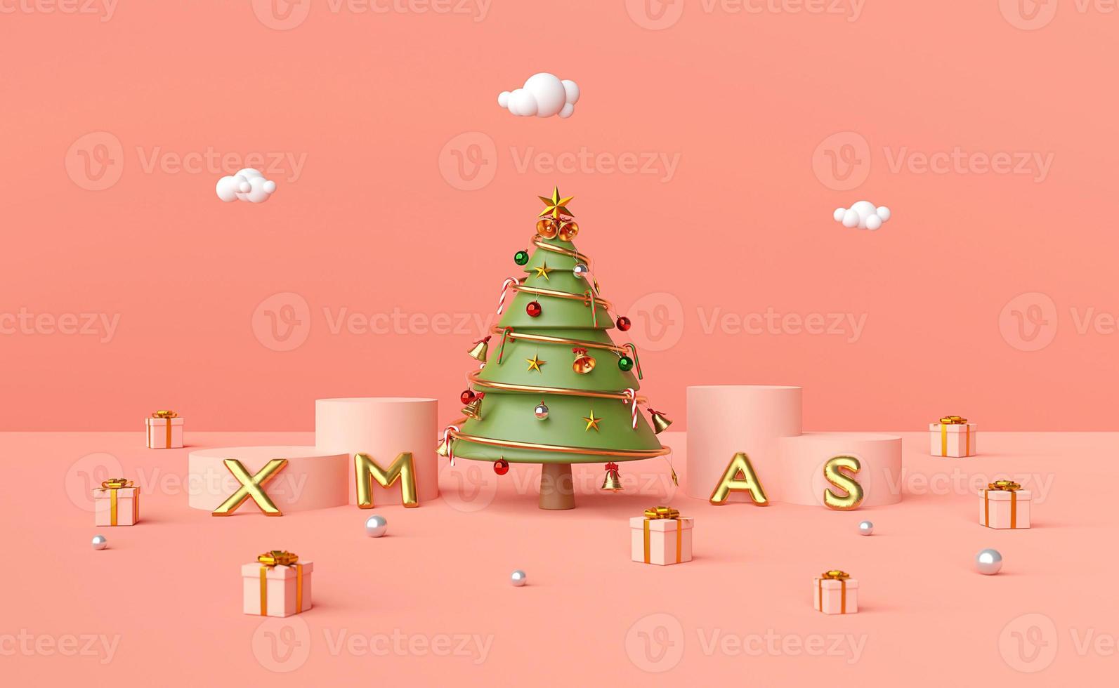 feliz navidad y próspero año nuevo, árbol de navidad en el podio con globos de navidad y adornos navideños sobre un fondo rosa, representación 3d foto