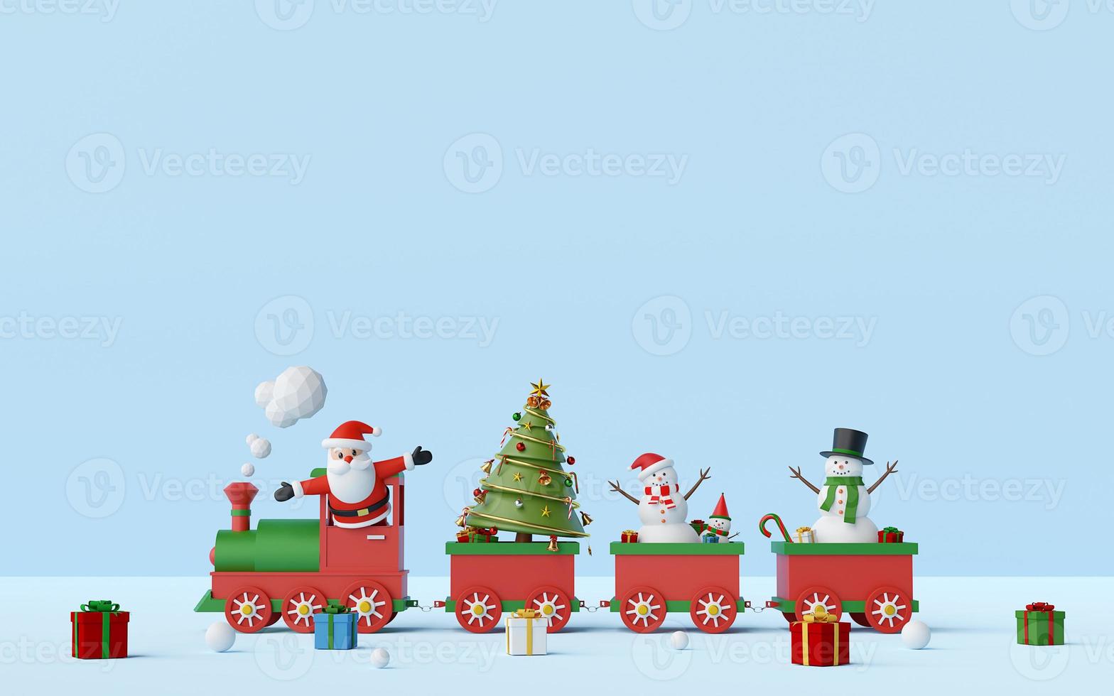 feliz navidad y próspero año nuevo, santa claus y muñeco de nieve en el tren de navidad con regalos sobre un fondo azul con espacio de copia, representación 3d foto