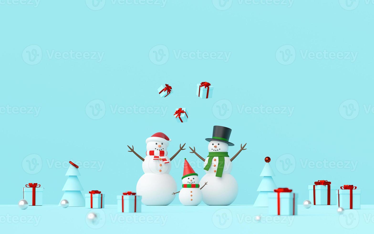 Merry Christmas and Happy New Year, Scene of Snowman celebrate Christmas gifts on a blue background, 3d rendering photo