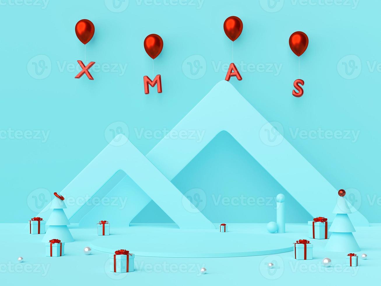 feliz navidad y próspero año nuevo, escenario de podio vacío para su producto con regalos de navidad y globo rojo de navidad, representación 3d foto