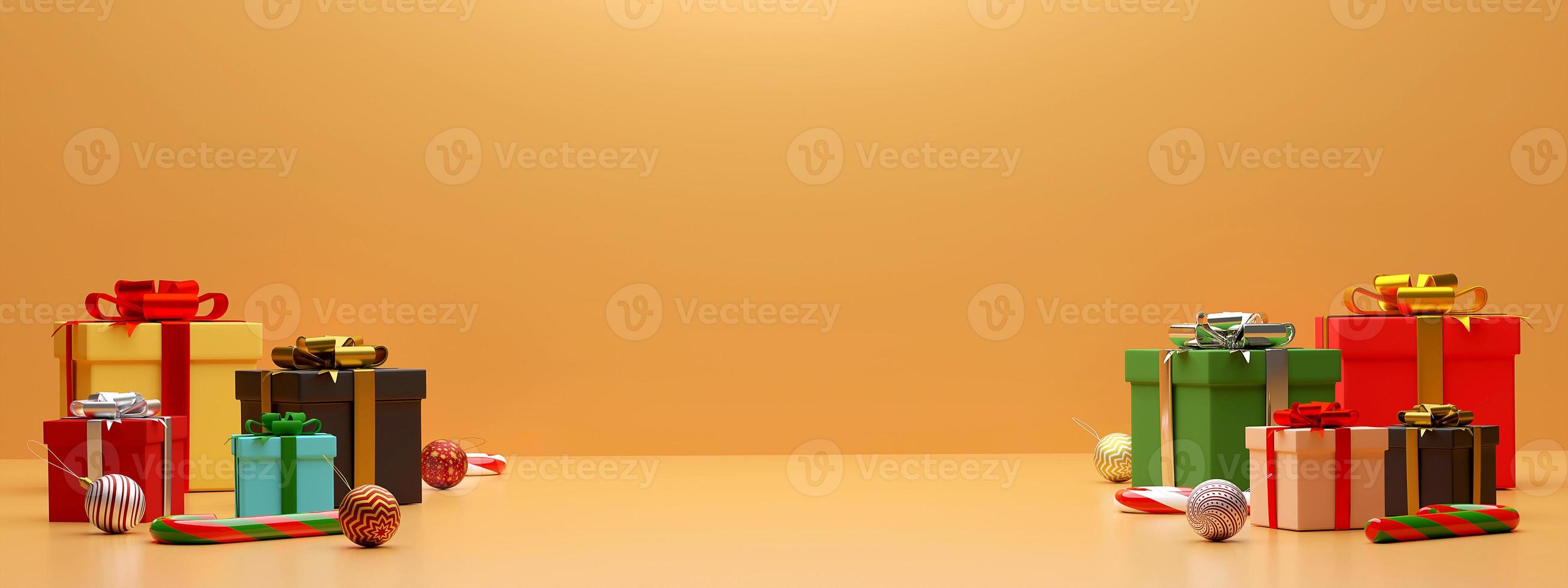 Christmas banner background of Christmas gifts and decoration, 3d rendering photo