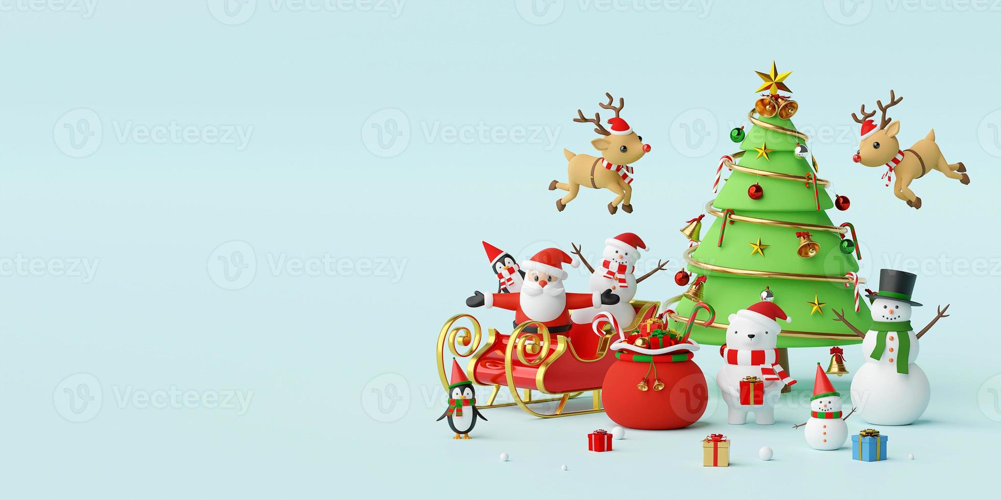Merry Christmas and Happy New Year, Scene of Christmas celebrate with Santa Claus and friends, 3d rendering photo