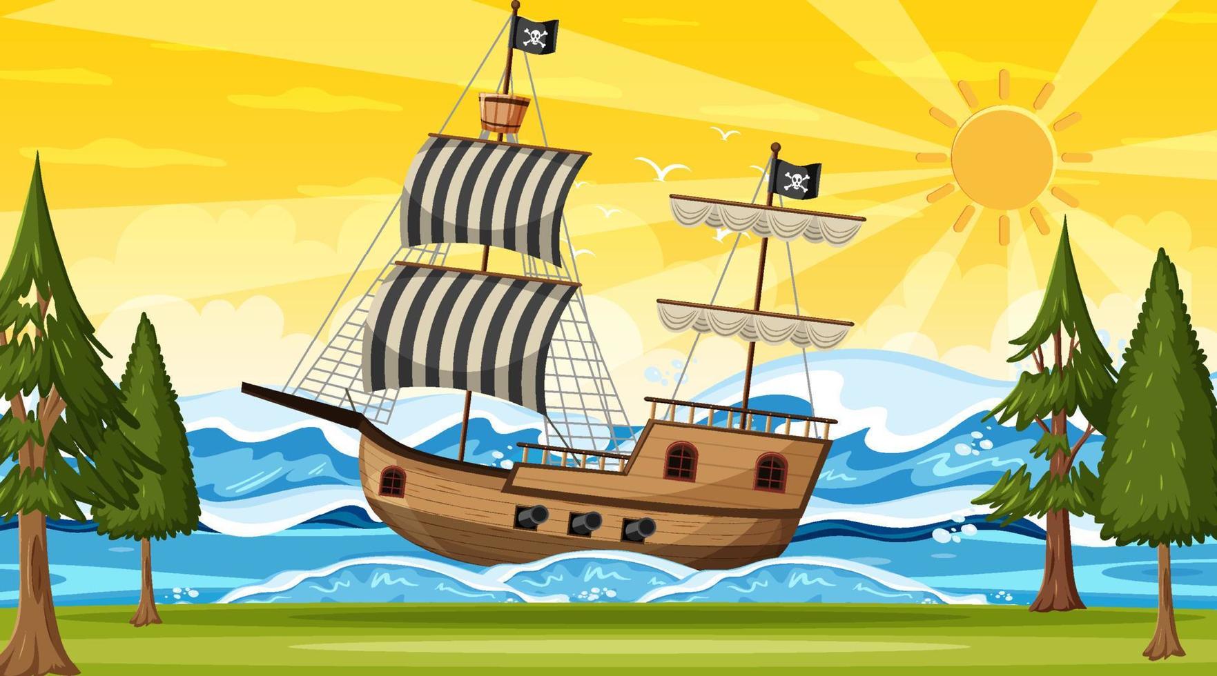 Océano con barco pirata en la escena del atardecer en estilo de dibujos animados vector