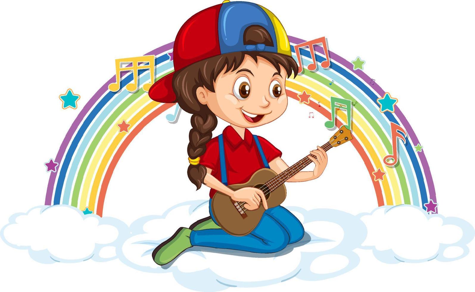 Girl playing guitar on the cloud with rainbow vector