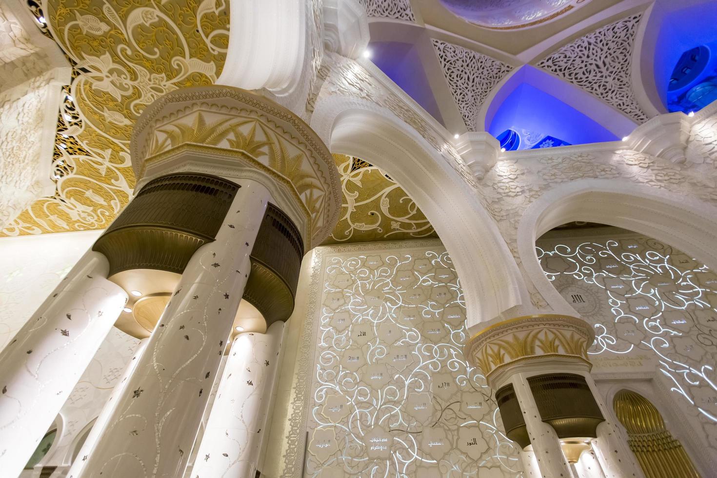 ABU DHABI, UAE, MAY 4, 2015 - Interior of Sheikh Zayed Mosque in Abu Dhabi. Mosque was designed by Yusef Abdelki and opened at 2007. photo