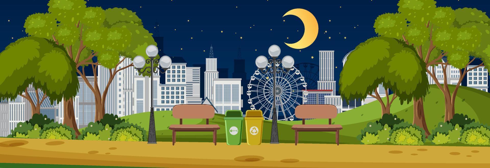 Park horizontal scene at night with cityscape background vector