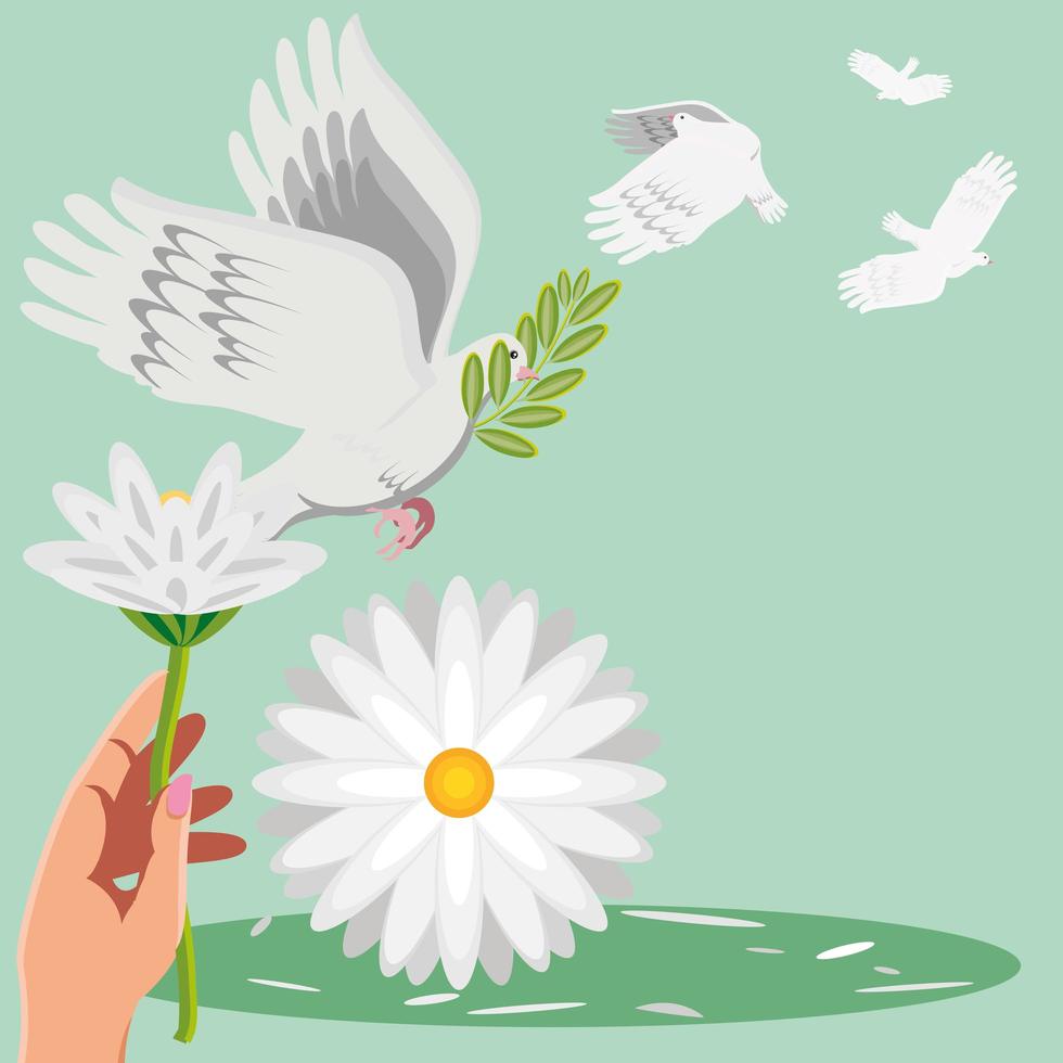 peace hand with flower and dove vector