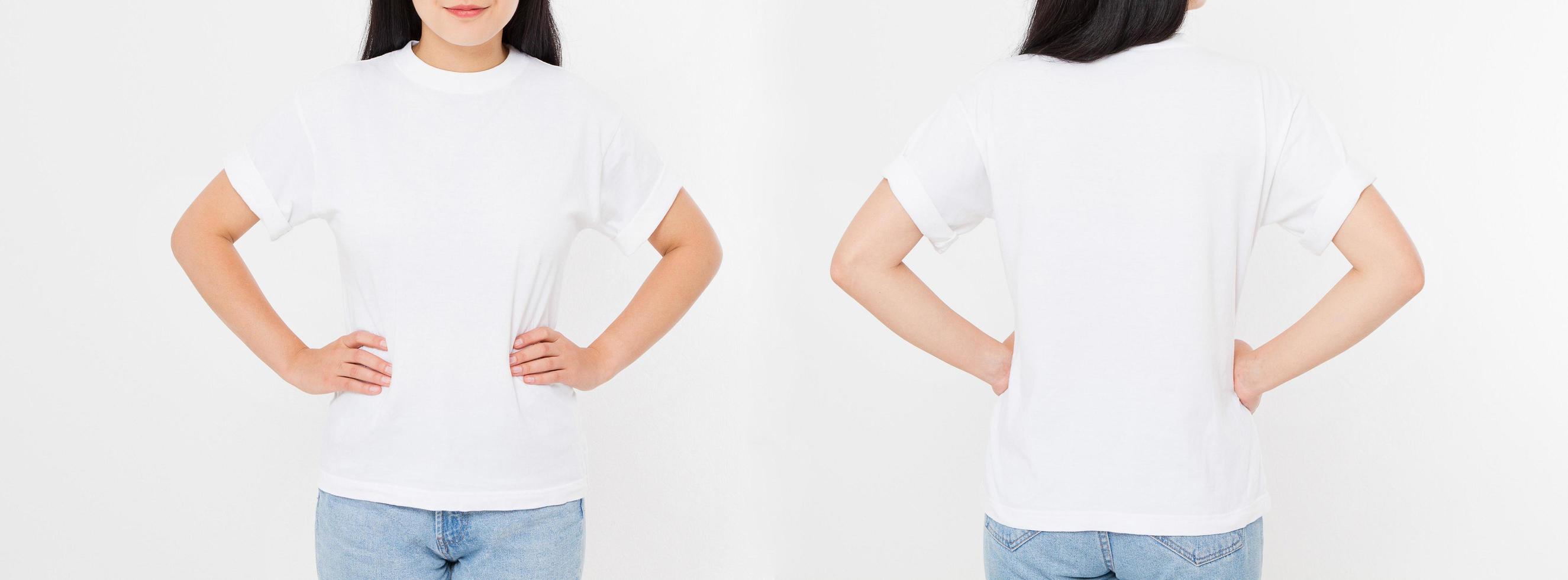 Front and back views of young asian japanese girl woman in stylish t-shirt on white background. Mock up for design. Copy space. Template. Blank photo