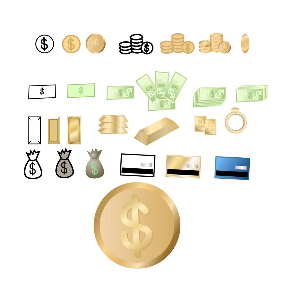 Vector set of payment instrument icons consisting of coins, banknotes