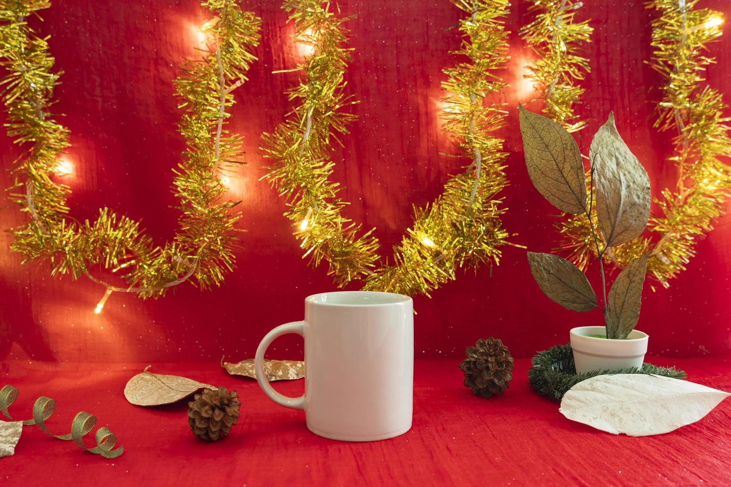 Christmas and New Year's Minimalist Concept. coffee mug on Christmas And New Year Minimalist Background. Composition showing product photo