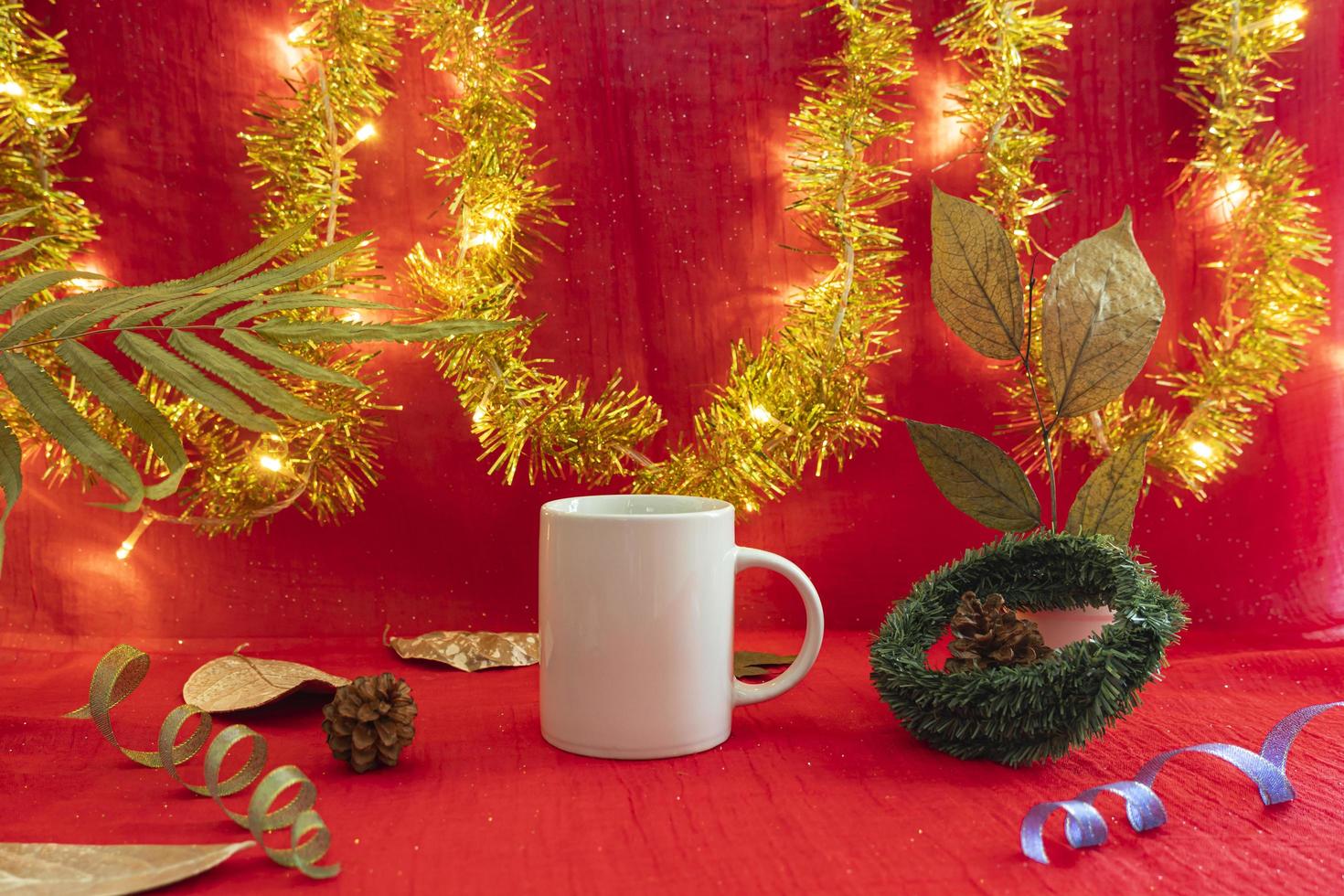 Christmas and New Year's Minimalist Concept. coffee mug on Christmas And New Year Minimalist Background. Composition showing product photo