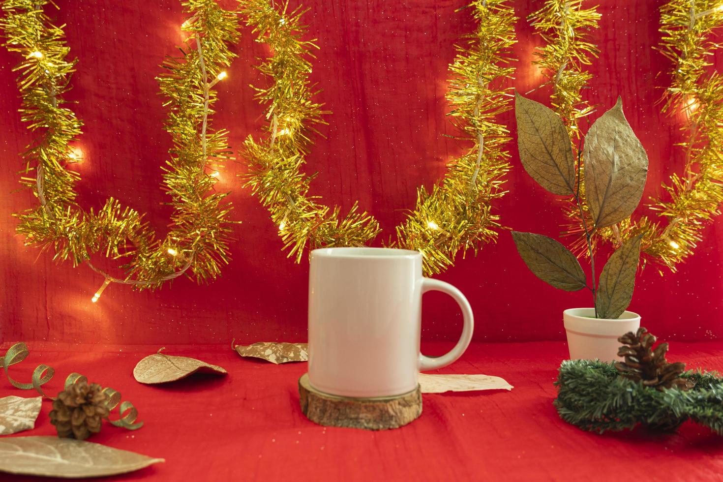 Christmas and New Year's Minimalist Concept. coffee mug on Christmas And New Year Minimalist Background. Composition showing product photo