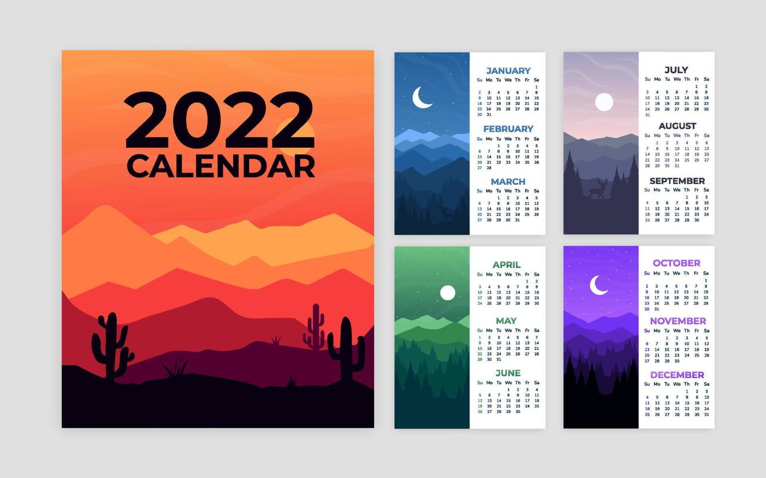 paisaje naturaleza calendario 2022 año plantilla de forma vector