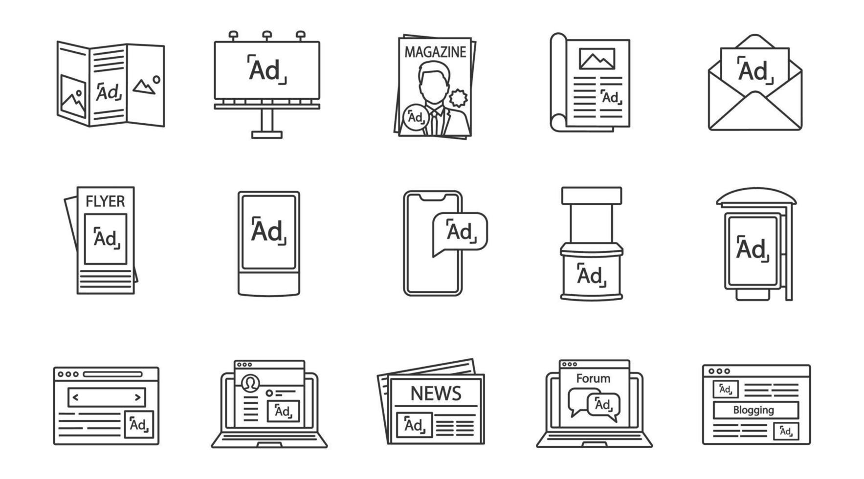 Advertising channels linear icons set vector